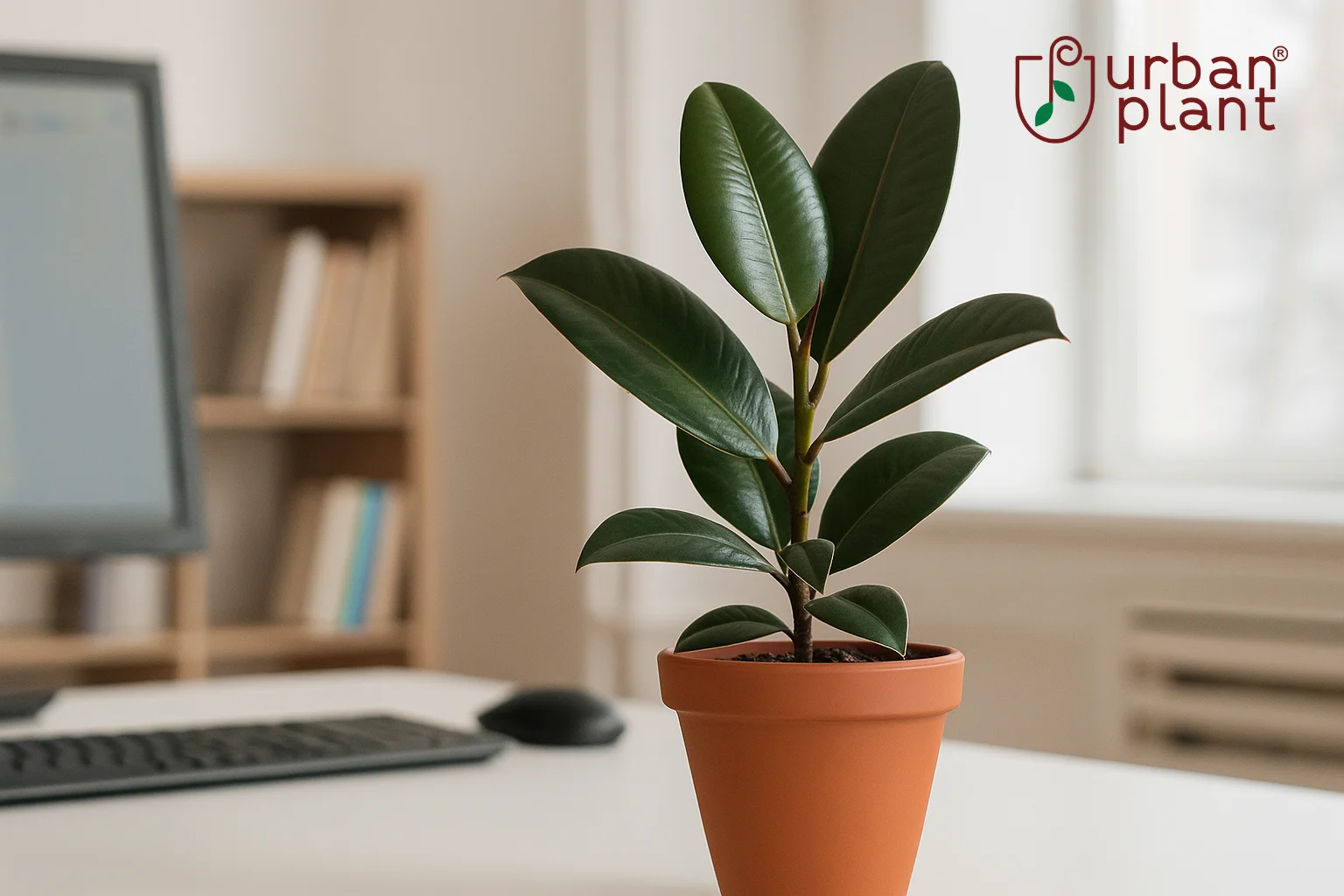 Rubber Plant (Ficus elastica) – rich foliage and impactful office desk plant with glossy dark green leaves in a terracotta pot on a modern workspace – Urban Plant